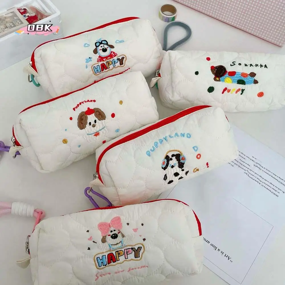 

Lovely Embroidered Dog Puppy Stationery Bag With Pendant Rope Large Capacity Korean Style Pencil Case Desktop Storage Ins Style