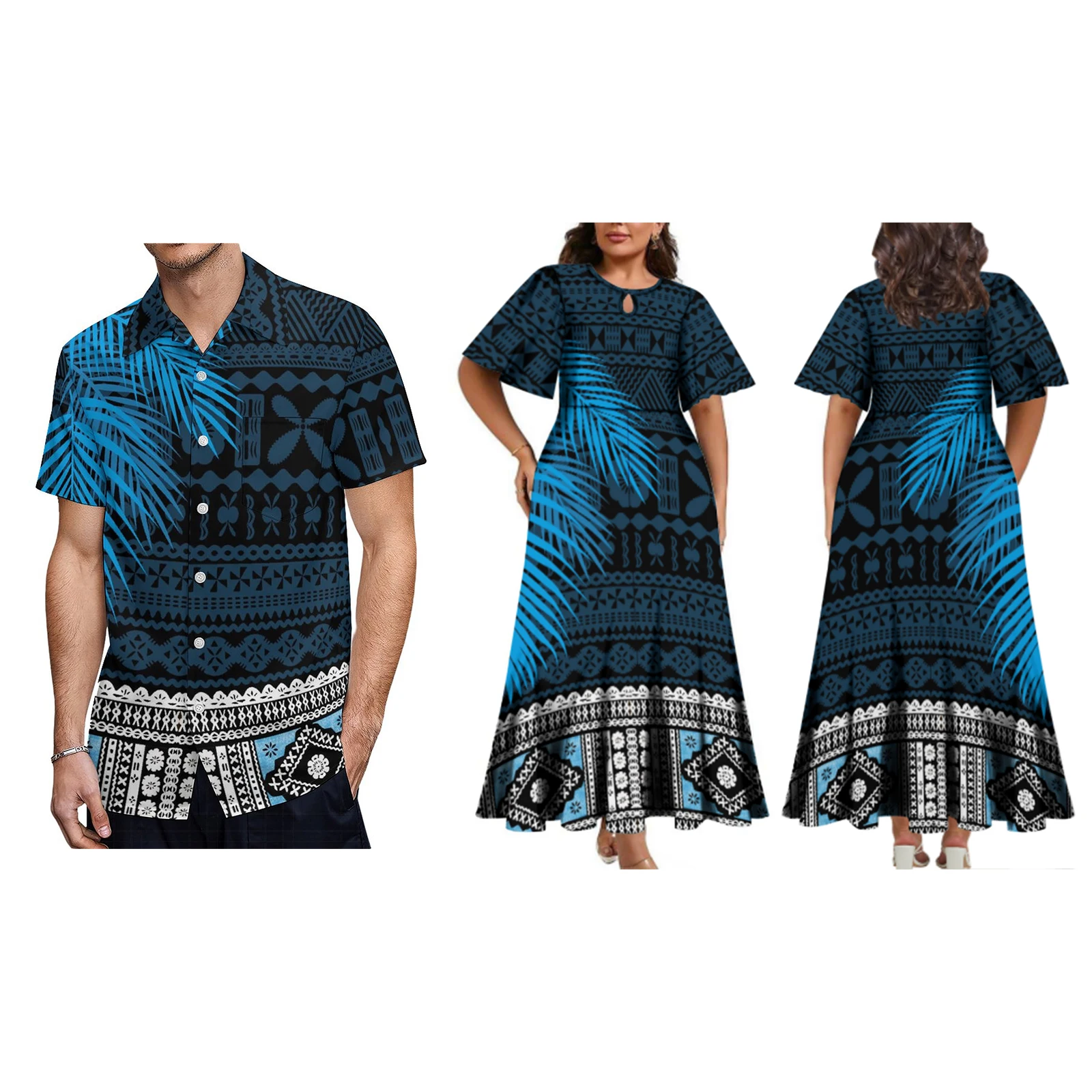 

2024 New Arrival Polynesian Hawaii Tribal Long Pleated Dress Half Sleeve Crew Neck Fit Flare Ladies Dress