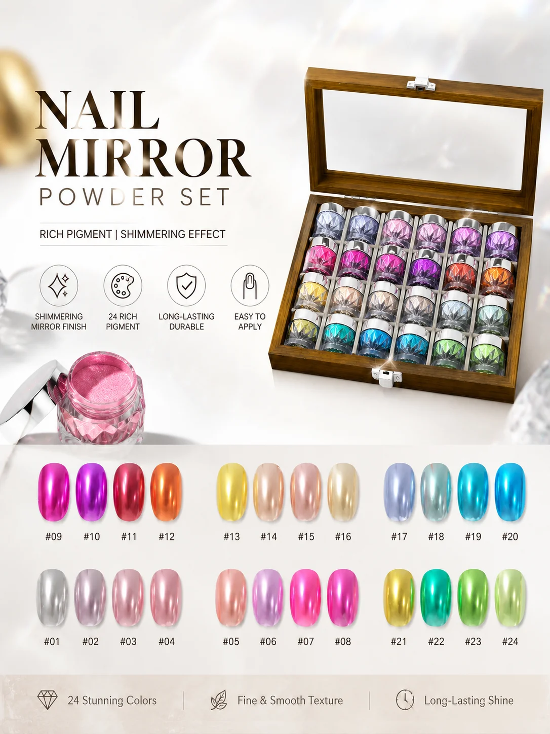 24 premium magic mirror nail powders, a color chart, and nail swabs. A storage box is also included. Suitable for nail art begin
