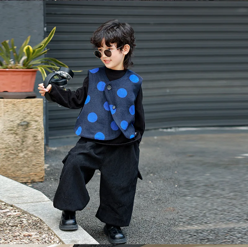 

Vest Polka Dot Padded Vest Korean Woolen Designed Winter New Boys Grils Children Two-piece Suit Fashionable Personality