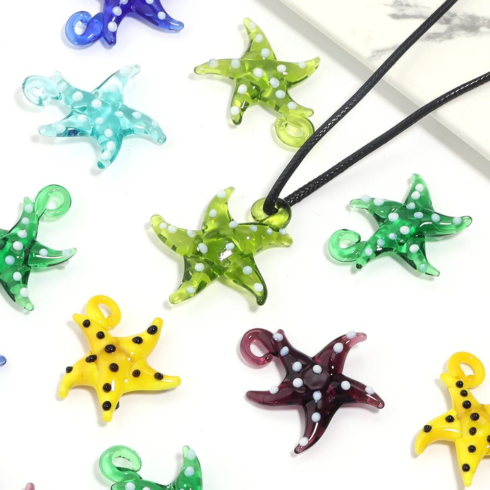 Cute Starfish Miniature Figurine Charms Colorful Tiny Sea Star Fish Lampwork Glass Pendant Animal Ornament Diy Jewelry Making