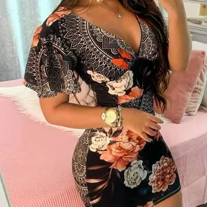 Verão elegante floral impressão bodycon mini vestido feminino 2024 moda sexy profundo decote em v pacote hip dresess escritório senhora vestido de festa 12 principais vendas vestidos curto festa tubinho - №5