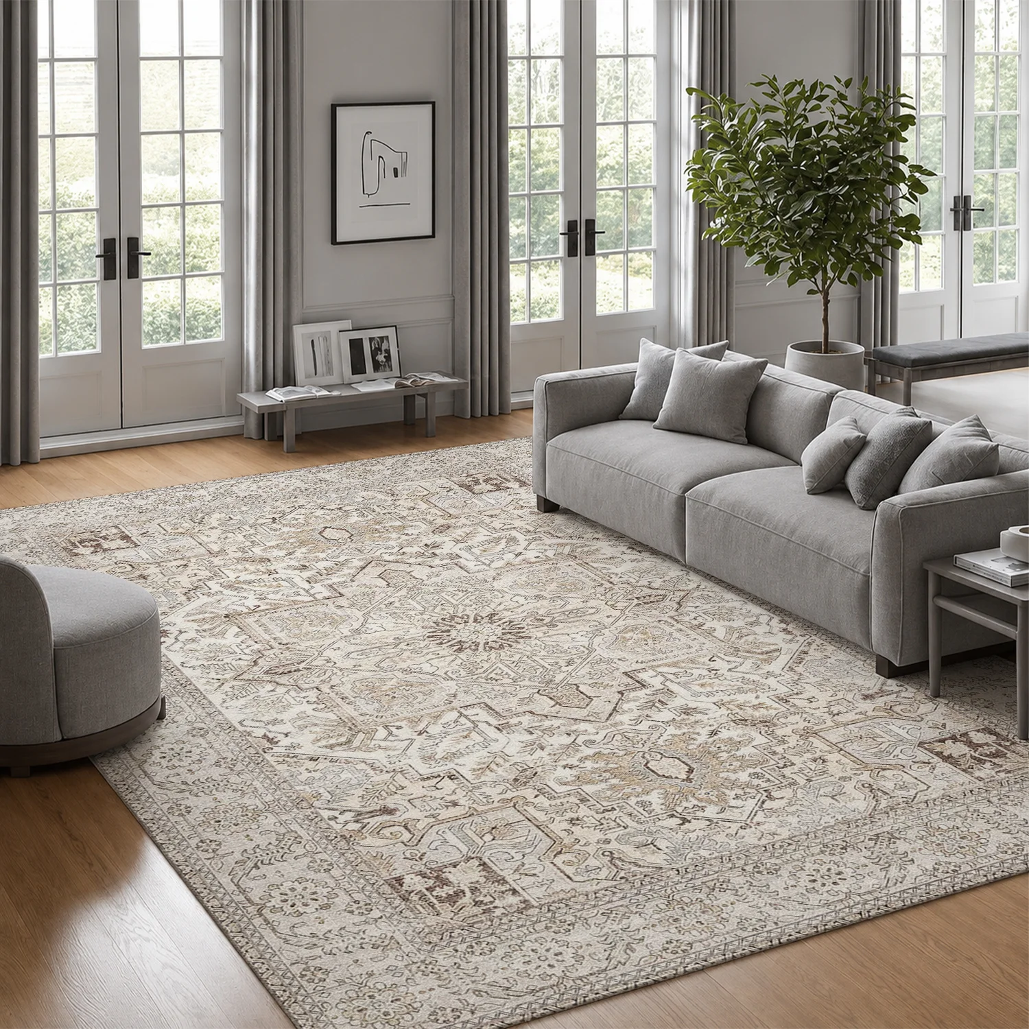 Large Indoor Area Rug, Soft Velvet Low Pile with Non-slip Dotted Backing, Machine Washable Vintage Ornate Medallion Pattern, Neutral Light Beige Area Rug for Living Room Bedroom