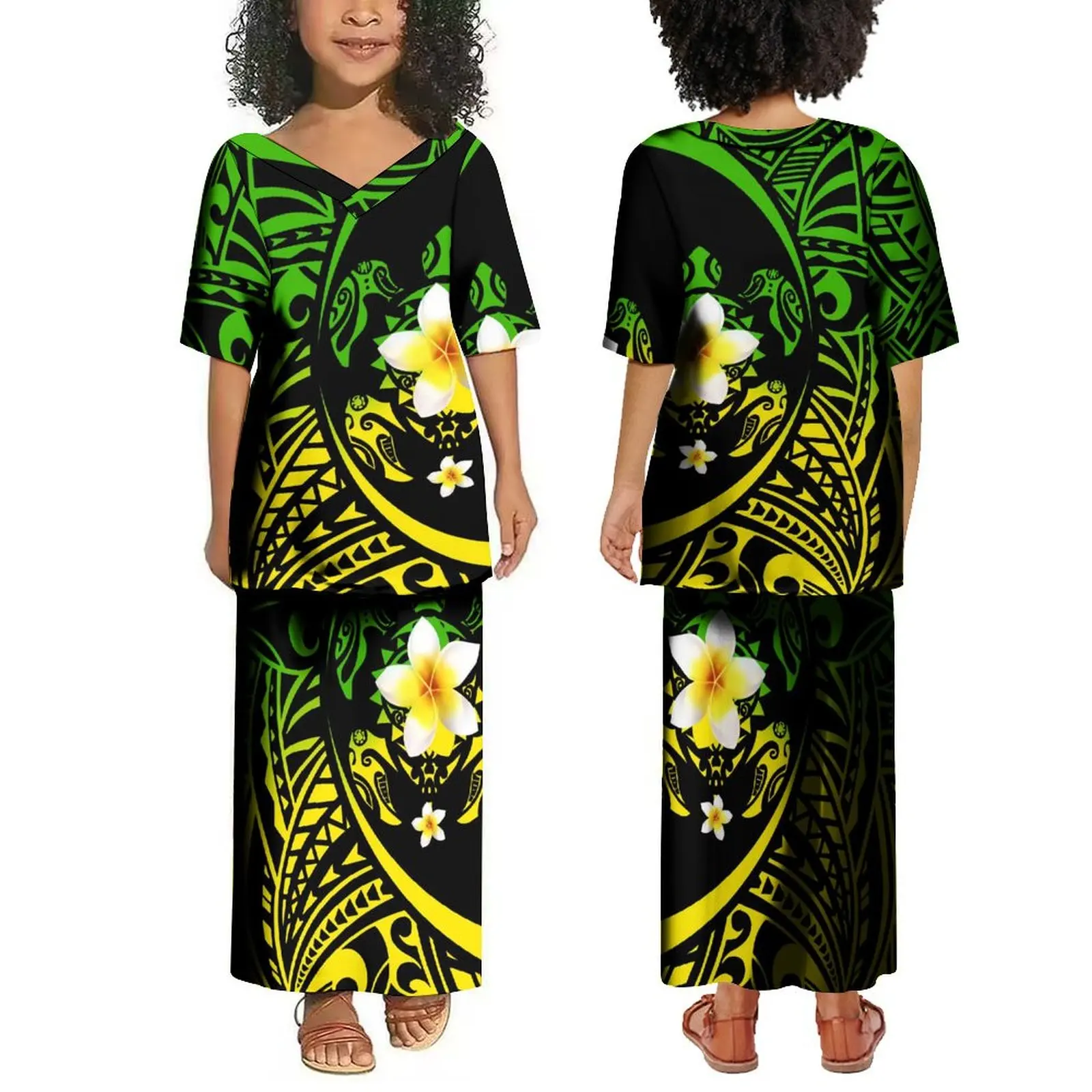 Samoa Custom Children'S Dress Girl Puletasi Summer Short Sleeve Elegant Long Skirt V-Neck Design Top And Skirt Polynesian Custom