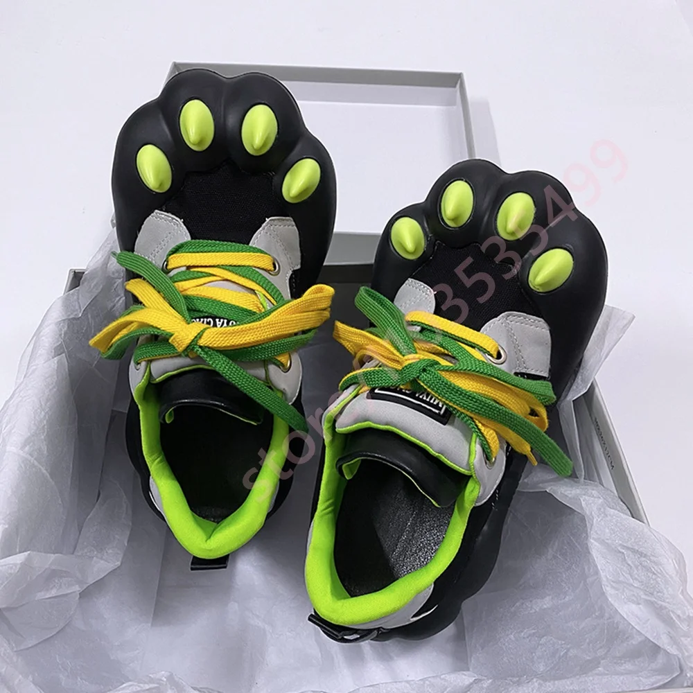 2026 New Cat Paw Shaped Casual Sneakers for Women Black and Green Lace-Up Shoes Fashion Unique Streetwear Shoes for Daily Wear