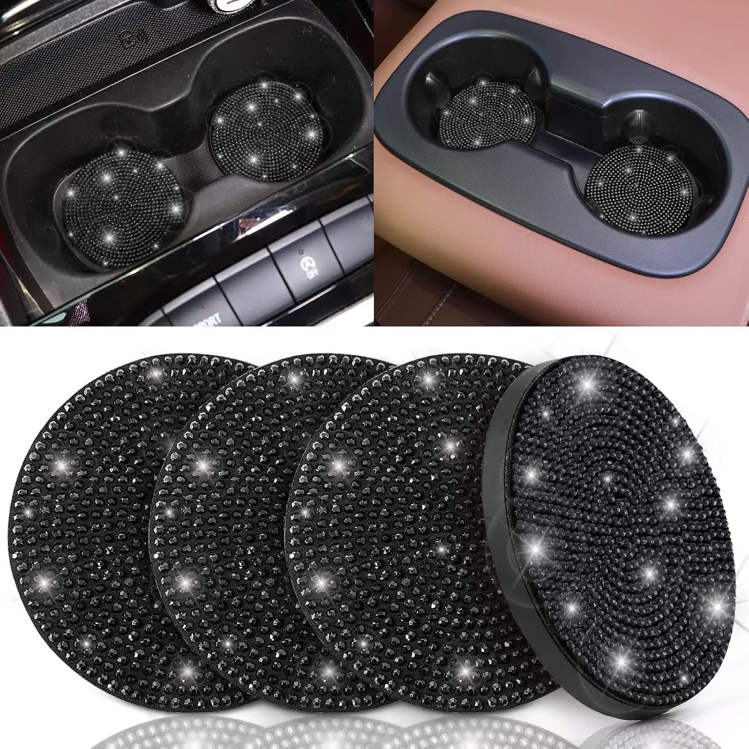 

Black Bling Car Cup Coasters, 4 Pack Crystal Rhinestone Bling Car Coaster Universal 2.75 Inch Anti-Slip Shockproof Car Cupholder