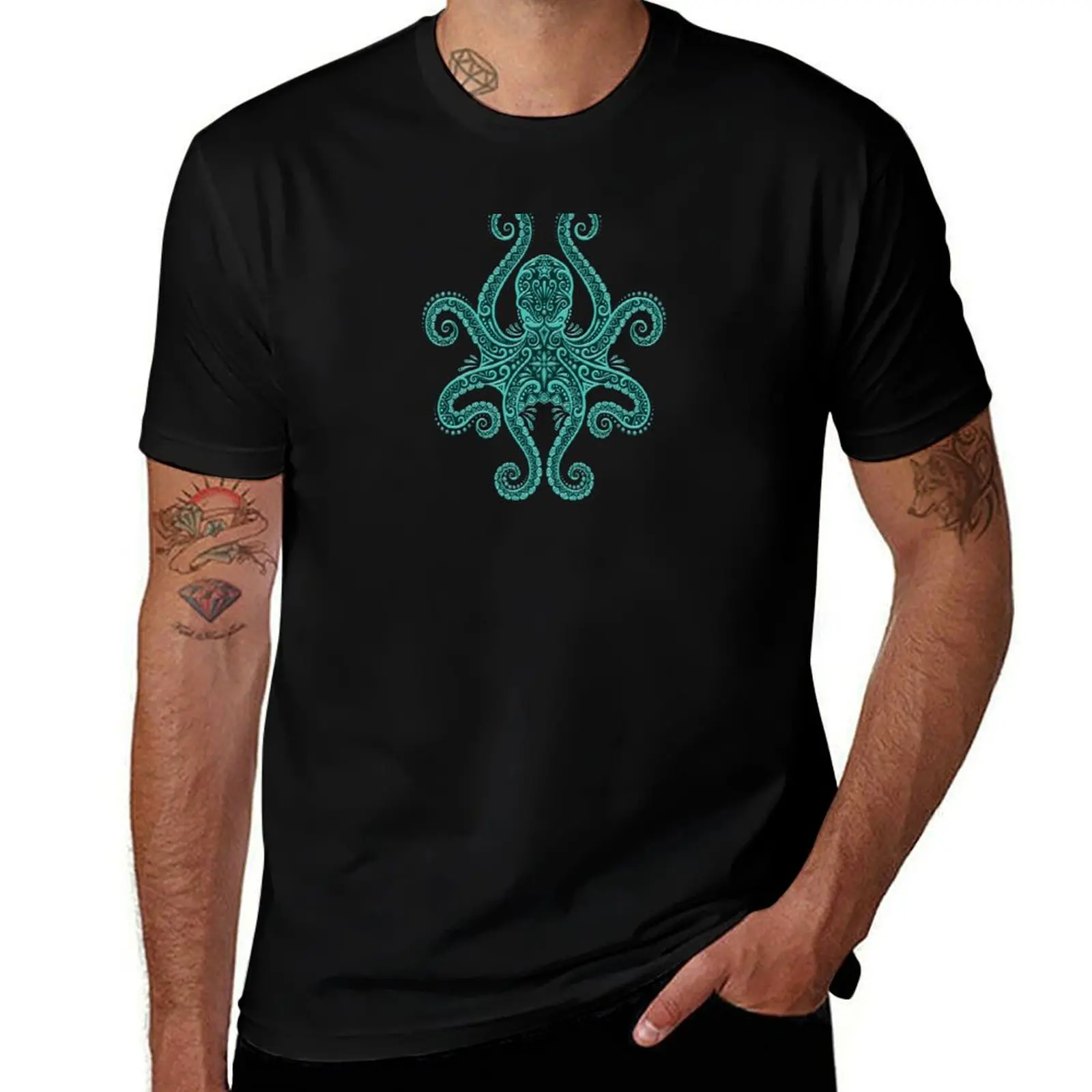 

Intricate Teal Blue Octopus T-Shirt plus size clothes essential t shirt tops Funny t-shirts mens designer t shirt