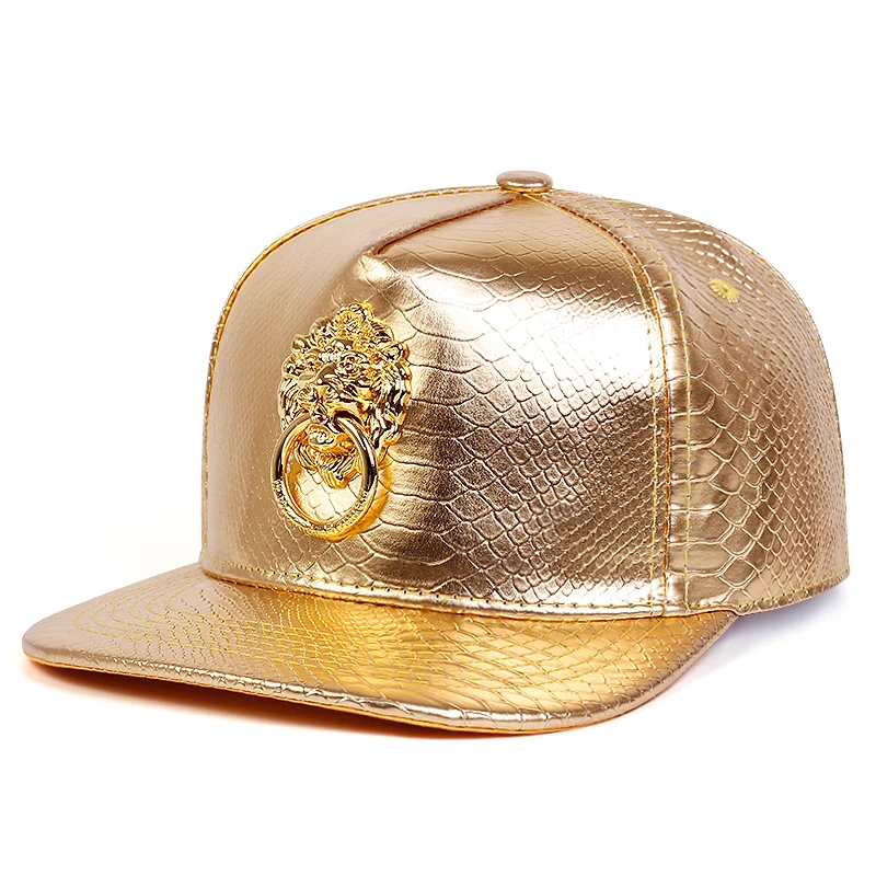 Fashion Snapback Men Flat Baseball Cap Golden Lion Loop Multi Color Figure PU Leather Hip Hop Cap Punk Casual Street Trend Caps