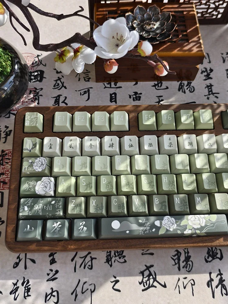 140Keys Camellia Theme Keycaps Natural Green White  Ppt Five-Sided Sublimation Keycap Cherry Small Complete Set Of Keycaps