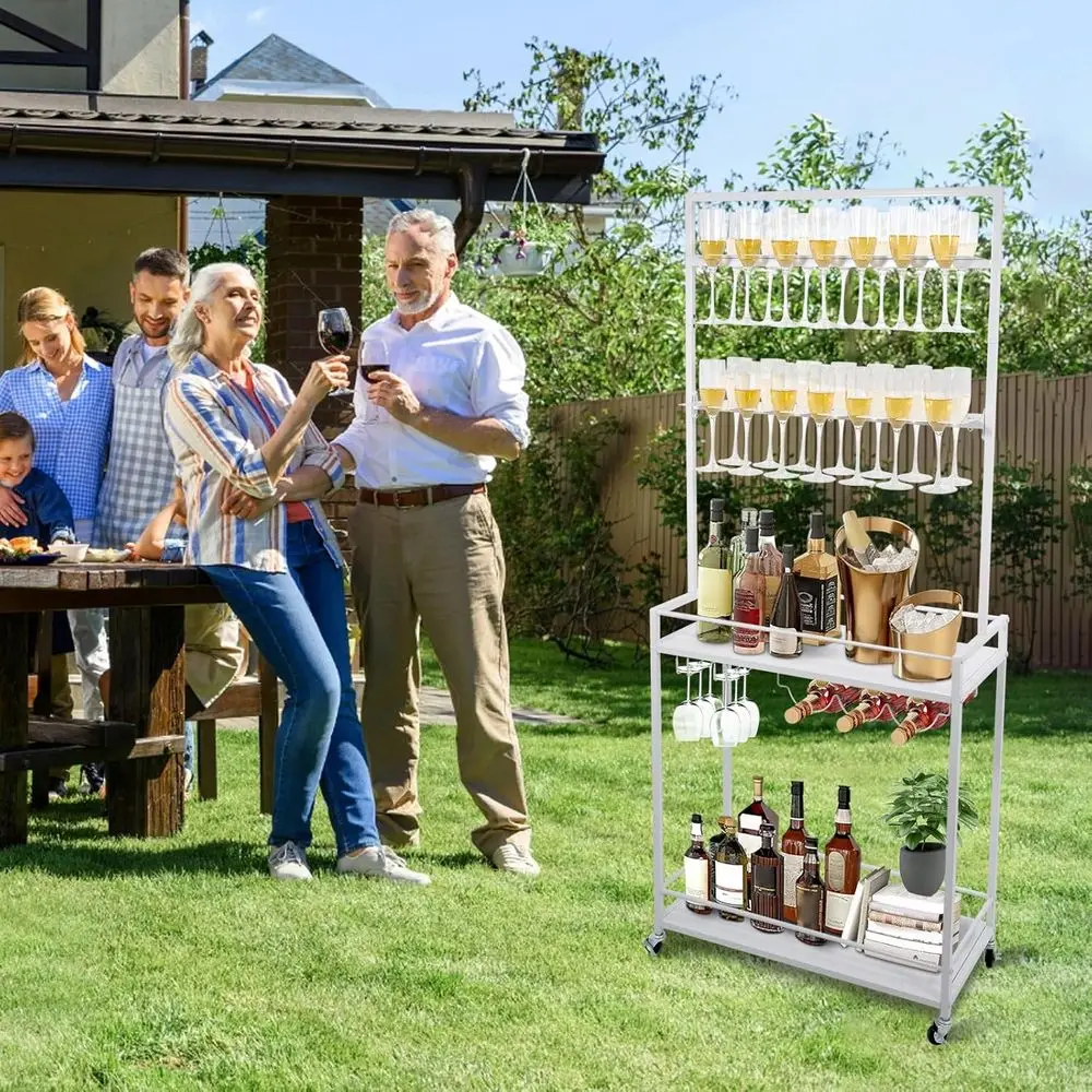 Wózek na wino z 2-poziomowymi kółkami obrotowymi, mieści 28 kieliszków, stojak do przechowywania, idealny na przyjęcia i imprezy