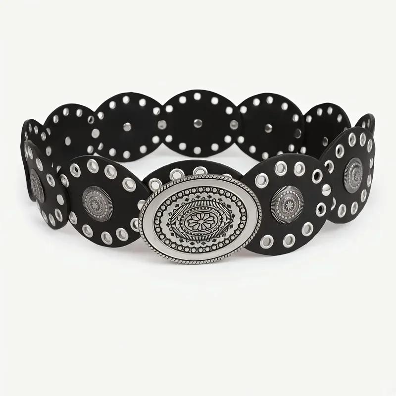 Nowy 1 szt. damski pasek w stylu retro z owalnymi elementami patchworkowymi, w stylu bohemy, rzeźbiony w stylu pustynnym, w stylu kowbojskim, jako dodatek do sukienki.