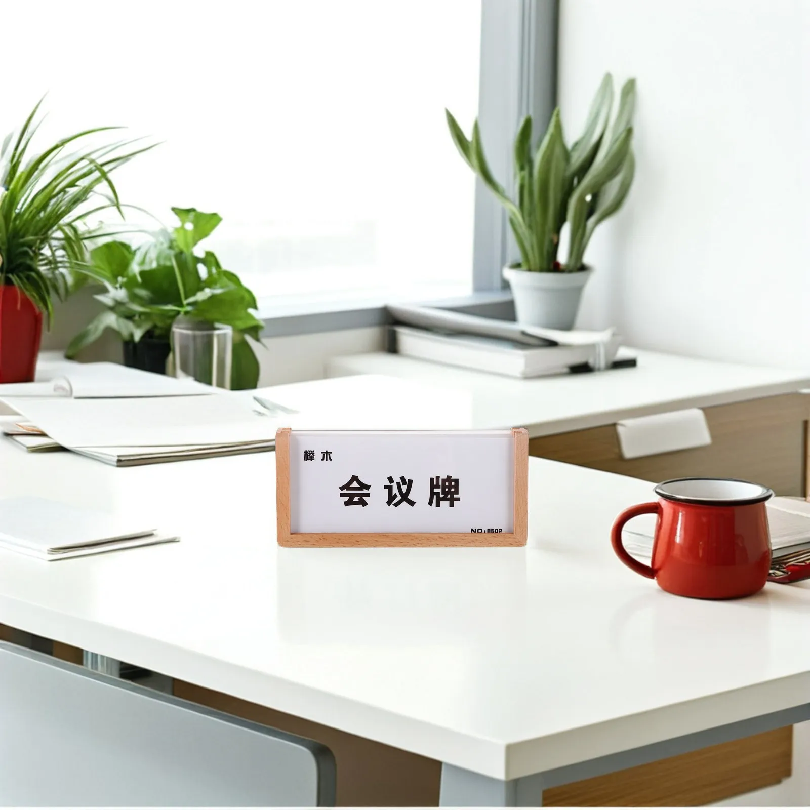Acrylic Card Holder with Natural Wood Base V-Shaped Tabletop Sign Stand for Desk Name Display Office Meeting Room Conference