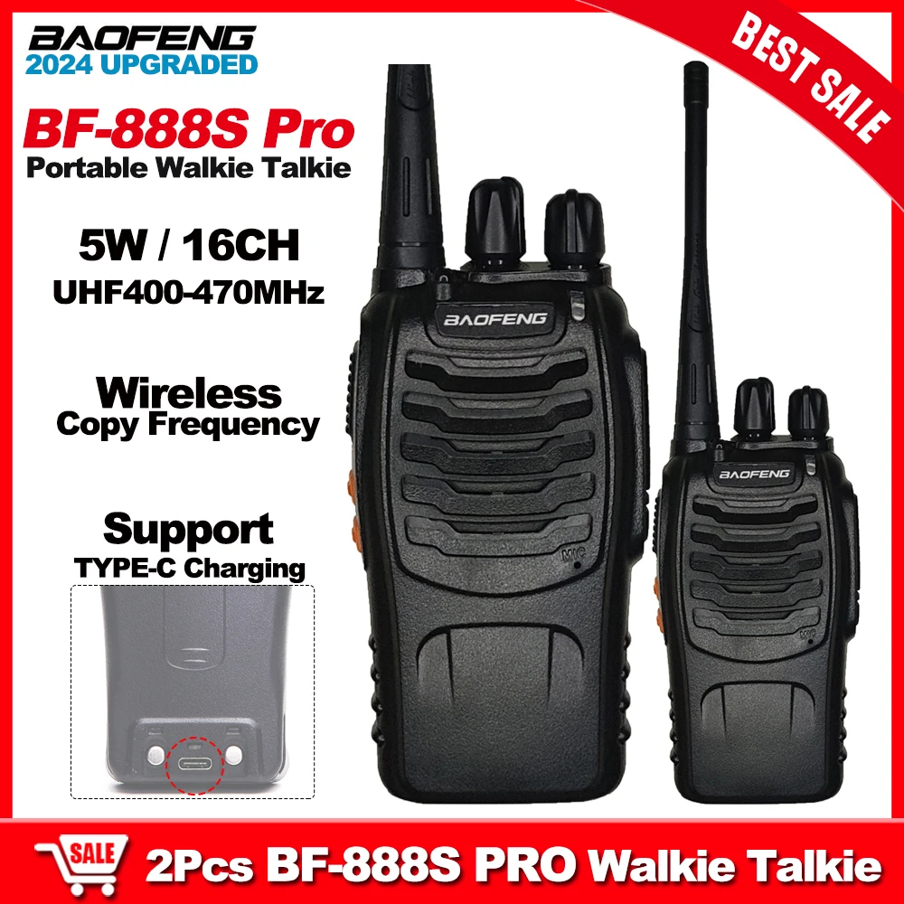 

2Pcs BF-888S Pro Baofeng Walkie Talkie BF888S New Upgraded Two Way Radios Wireless Copy Frequency Support Type-C Charging 888S