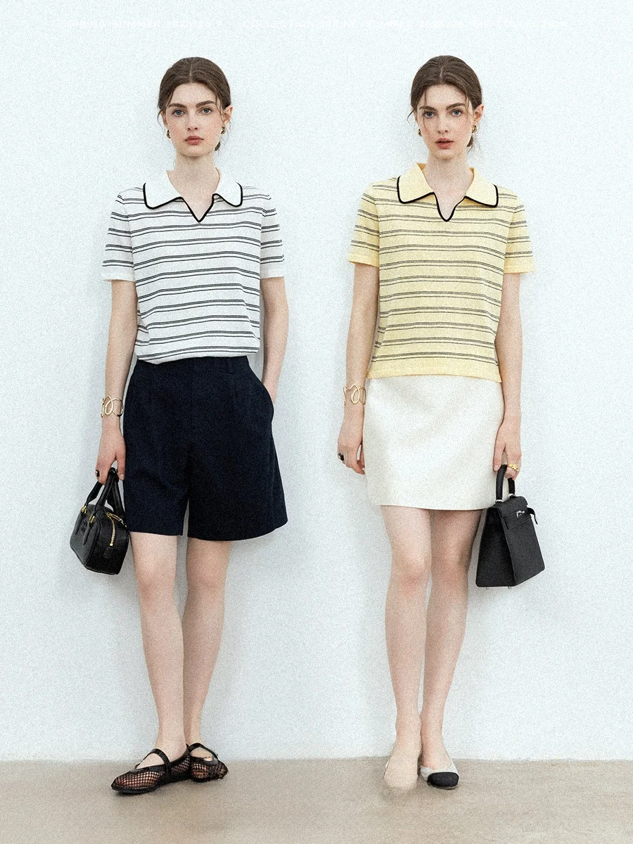 

Retro Striped Color Blo Knitted ort Sve Ne T-irt Women's Wool Linen Blend Summer Top Simple Commute Sle