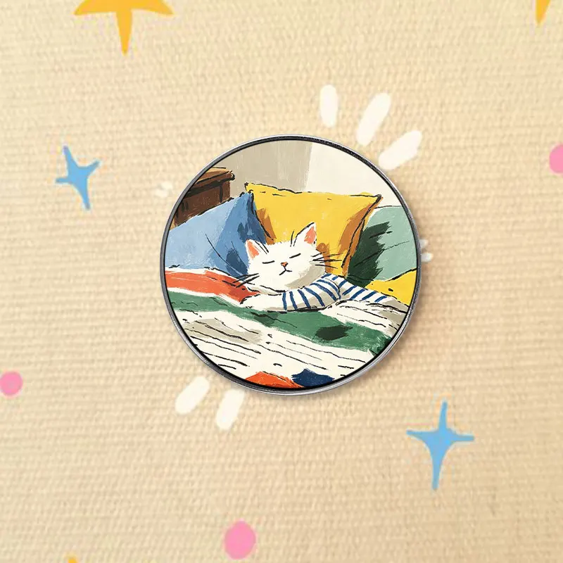 Oil Painting White Cat Sleeping UV Printing Badge Cozy Pet Style Pin Colorful Pillow Blanket Design Metal Brooch Jewelry Gifts
