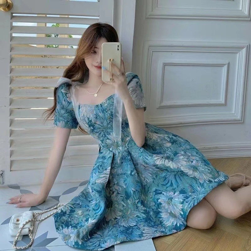 Monet Garden Luxury Court Oil Painting Dress Women's Tea Break Elegantly Waist-Cinched Tulle Skirt  Knot Princess Dress