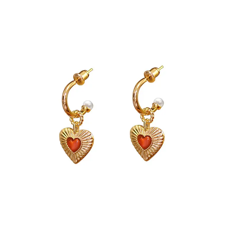 Light Luxury Classic Natural Red Agate Heart shaped Pearl Earrings for Women Ancient Gold Craft vintage earings Jewelry