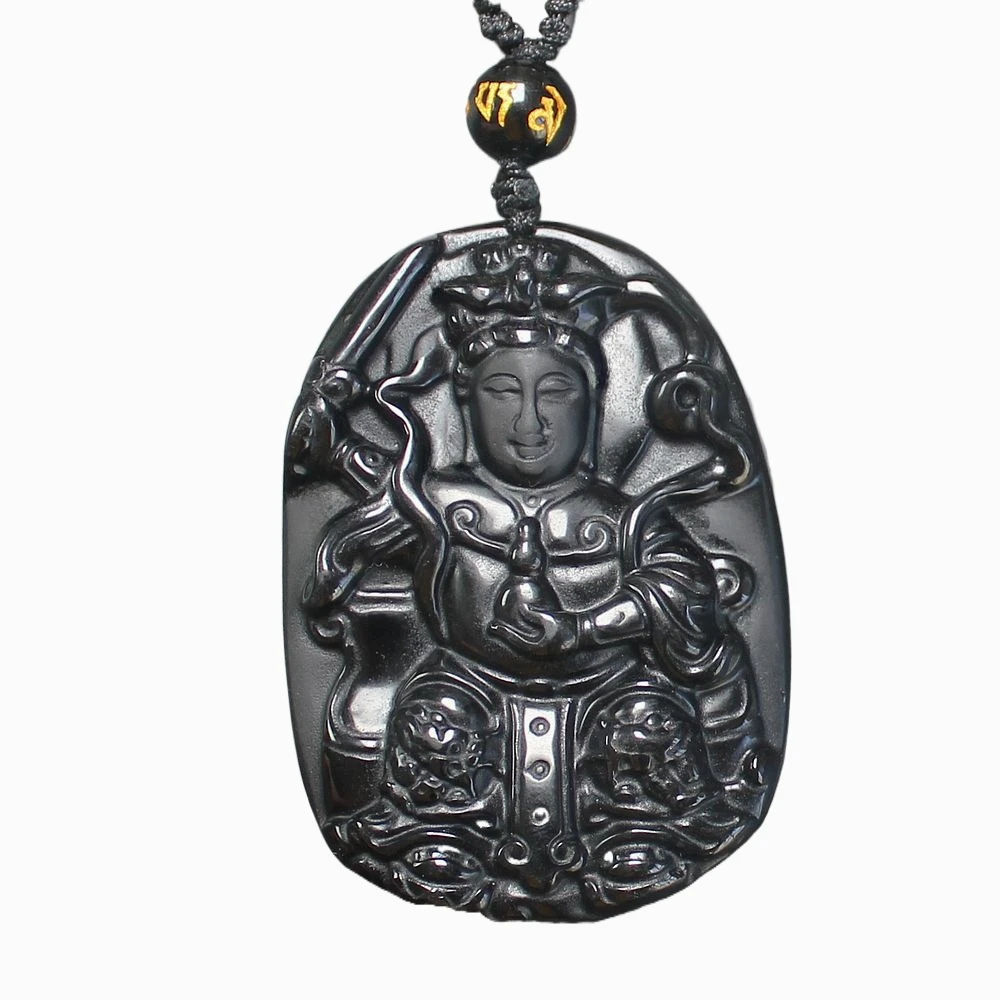 Natural gemstone crystal black obsidian kwan-yin guanyin necklace pendant with adjustable chain