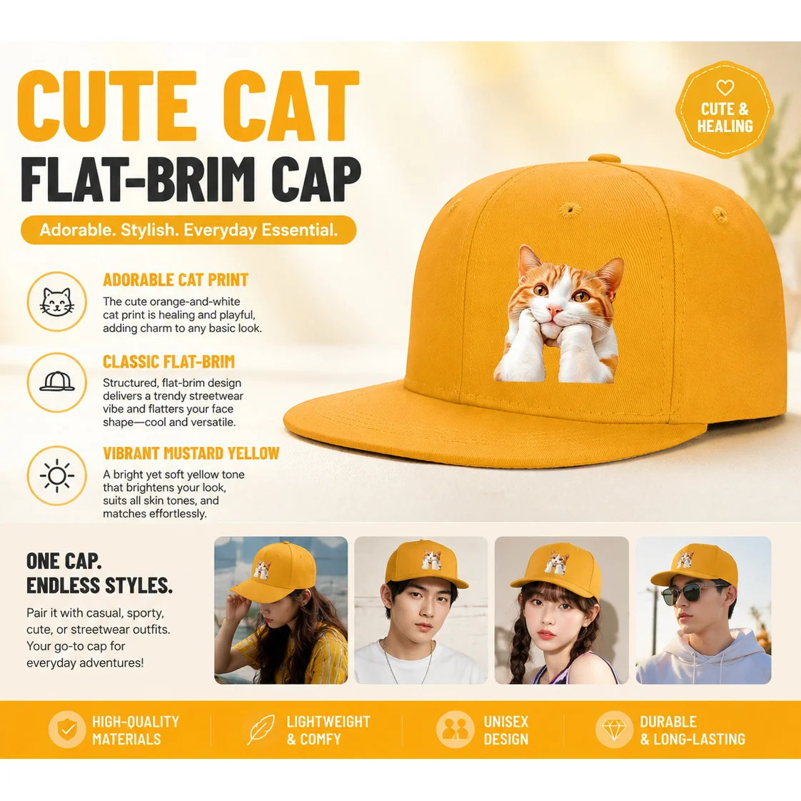 2D Flat, Flat-brim Baseball Cap with a Print of a Chubby Orange Cat Resting Its Chin, Featuring a Soft and Cute Style. This Vers