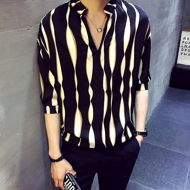 T-Shirts  Striped Elbow Sleeve Pullovers Simplicity Man Spring Summer Thin Handsome2023 Men\'s Clothing Turn-down Collar Casual