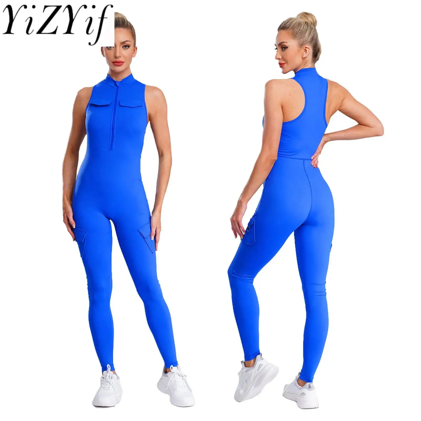 

Women Skinny Workout Sport Yoga Gym Jumpsuit Sleeveless Slim Fit Bodysuit with Flap Pockets for Yoga Gym Fitness Sport Wear