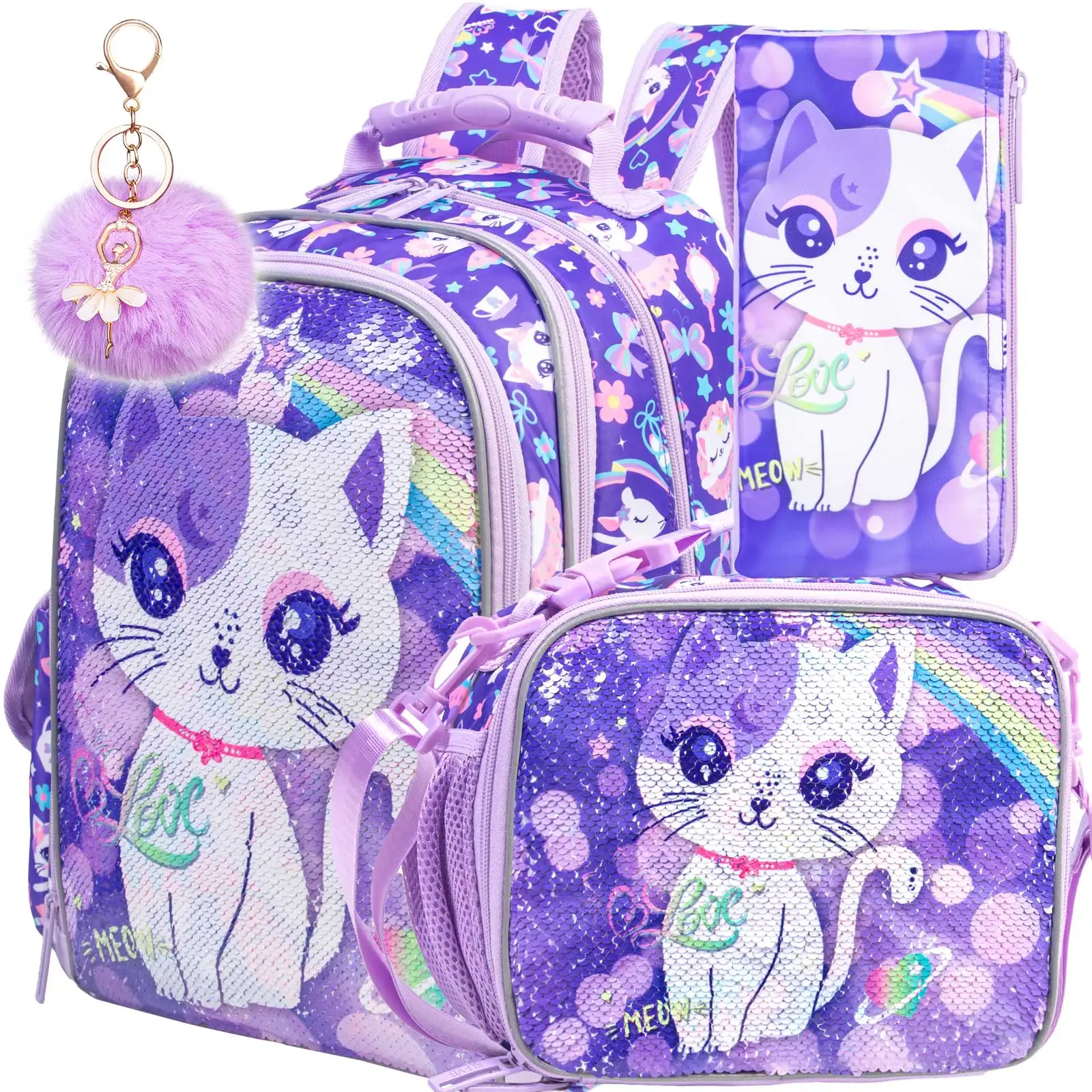 3PCS Cat Backpack for Girls, 16”Kids Sequin Bookbag with Lunch Box, Water Resistant School Bag for Elementary Preschool Toddler