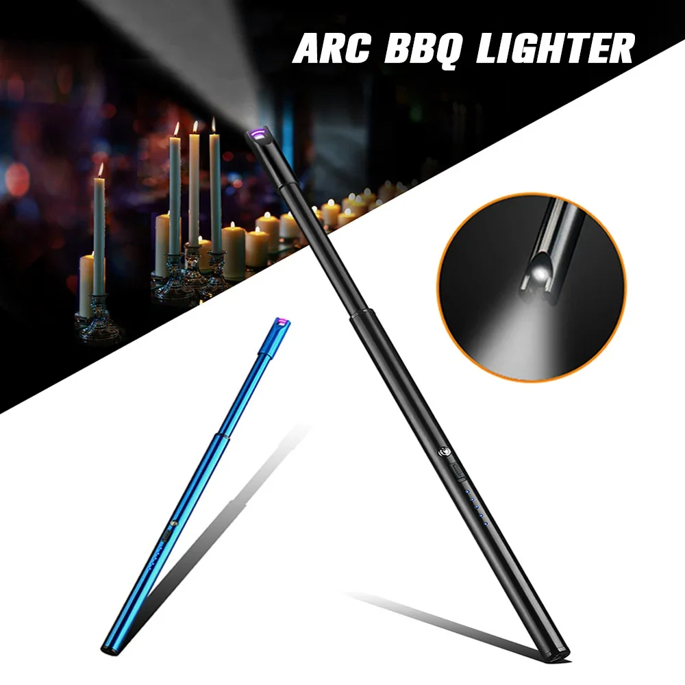 Lengthen Longer Arc Lighter With LED Light USB Rechargeable Windproof Electric Lighter Kitchen BBQ Outdoor Camping Ignition Tool