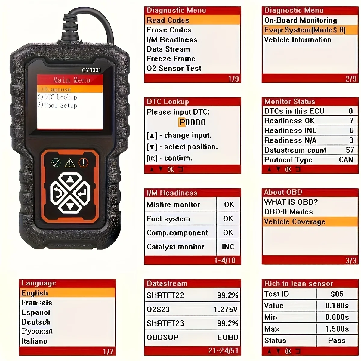 Car Obd2 Code Scanner Diagnostic Scanner, Code Reader Erase to Clear Engine Light Fault, Battery Test, Data Stream, I/M Readines