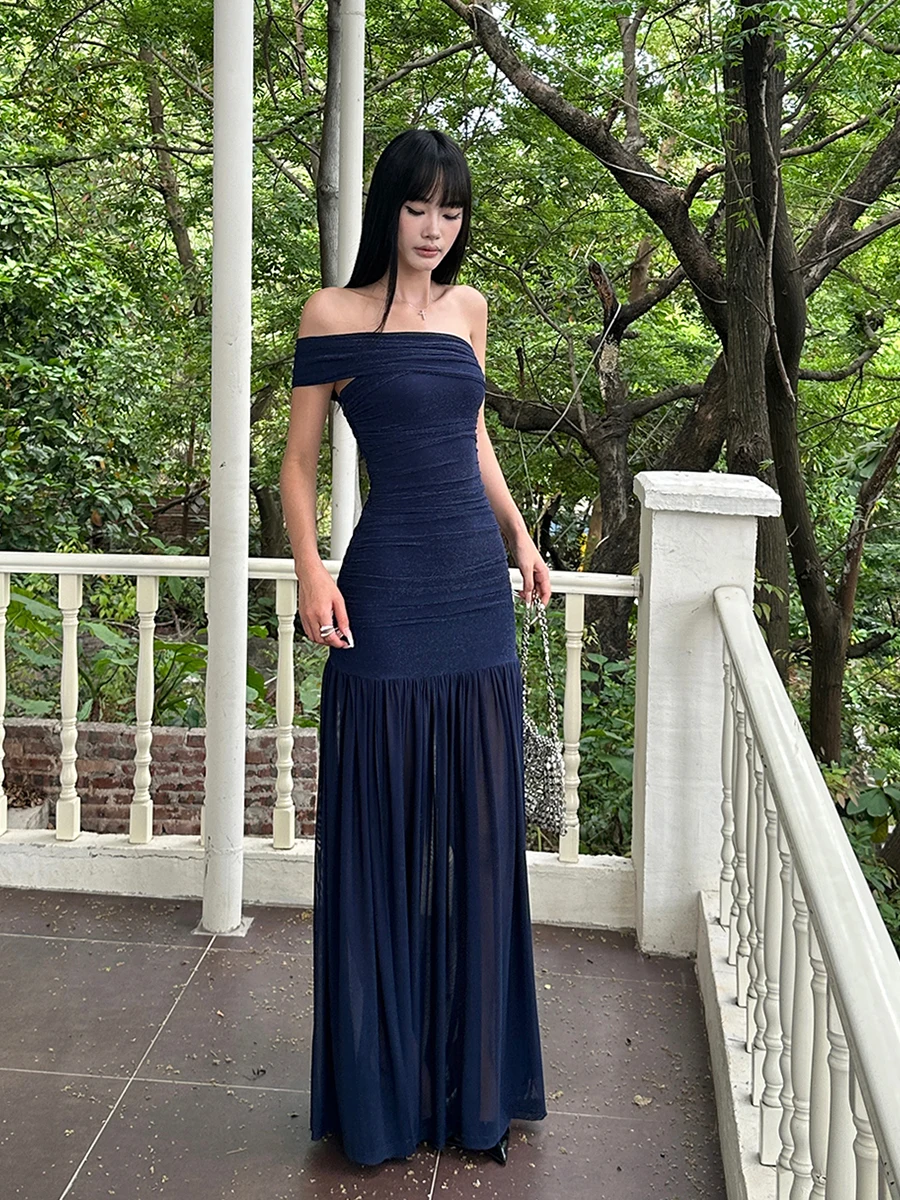 REDDACHiC الأزرق الملكي سباركلي حزب ثوب المرأة بريق شبكة واحدة الكتف مشد Ruched سبليت ماكسي فستان طويل Porm الملابس الرسمية