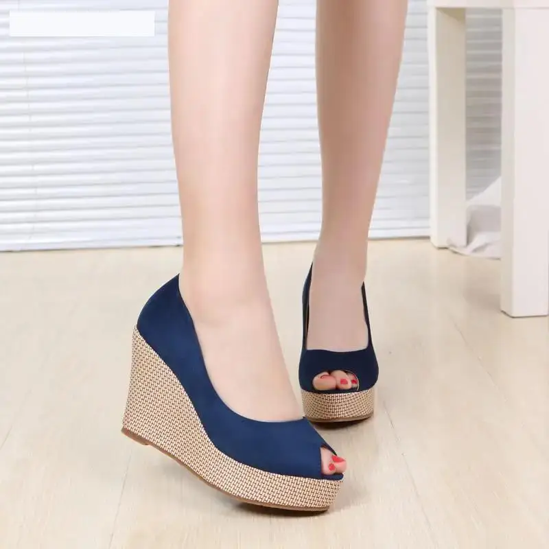 

33-40 Женская обувь Туфли на высоком каблуке с открытым носком на платформе и танкетке из флока и замши