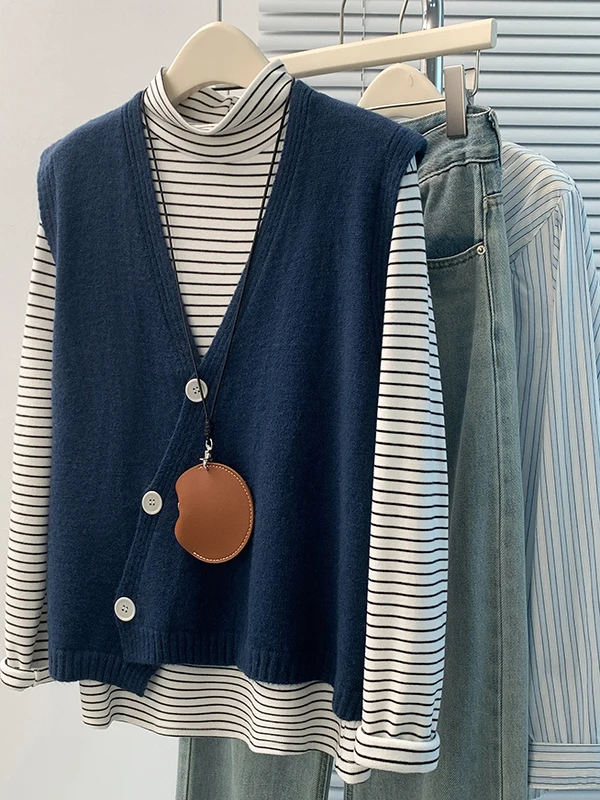 

Свободный вязаный жилет, верхний многослойный корейский Sle, весенне-осенняя верхняя одежда, повседневный Sle V-Ne, цвет с застежкой на одной пуговице