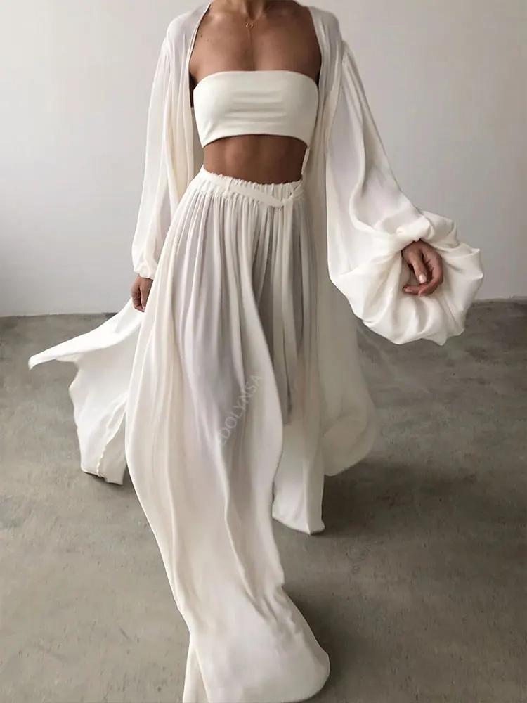 Sexy Solid Color Three-Piece Set 2025 Autumn Women Tube Top Beach Dress Crop Top Trousers Long Sleeve Cardigan 3 Piece Set A1642