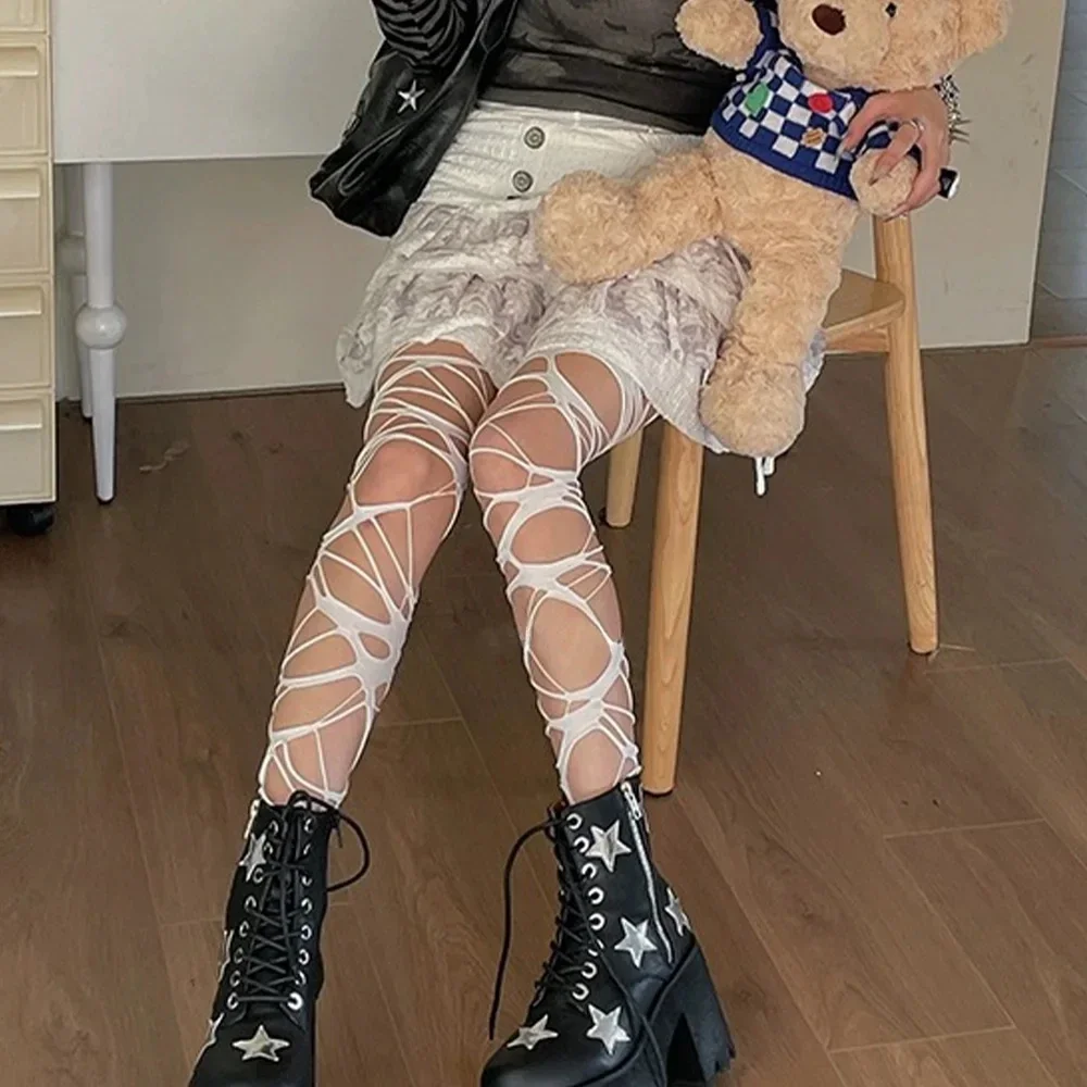 Mode Punk Gescheurde Riemgaten Panty Nue Sexy Lolita Gothic Spinnenweb Kousen Dames Y 2K Zwart Mesh Zachte Panty Hoge Kousen