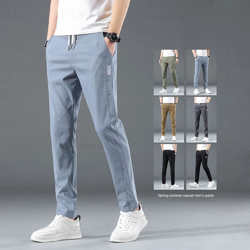 

New Cotton Men's Casual Pants Thin Fashion Classic Slim Drawstring Elastic Waist Stretch Blue Jogging Work Cargo Trousers Male