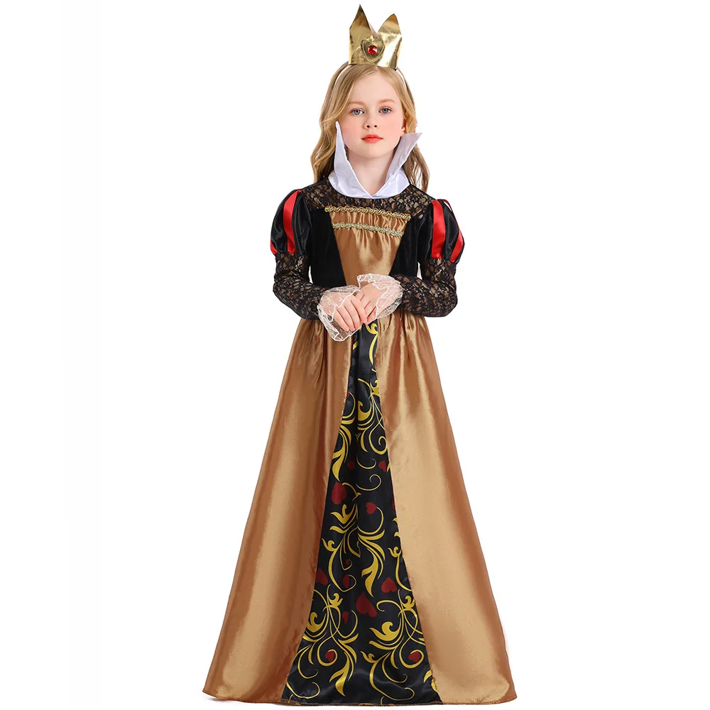 Halloween Mother And Girl Matching Dress Red Queen Stage Performance Outfits Kids Fantasy Princess Gold Luxury Carnival Outfits