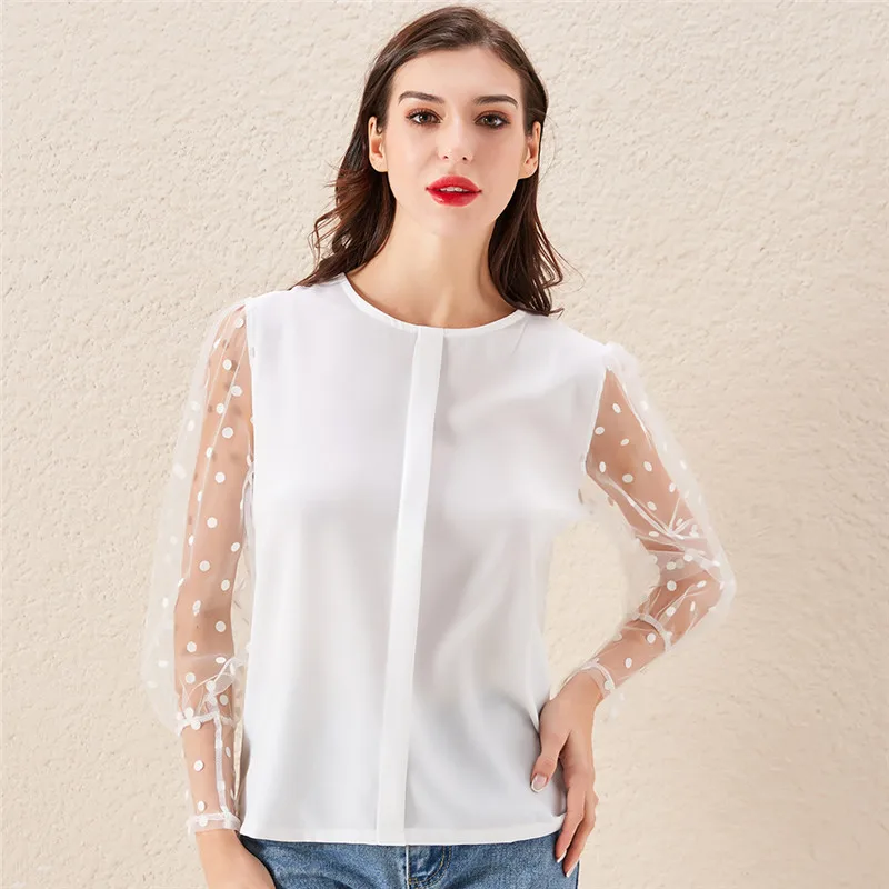 Blusa de manga larga con cuello redondo para mujer, Camisa lisa de encaje con lunares, ropa de calle elegante