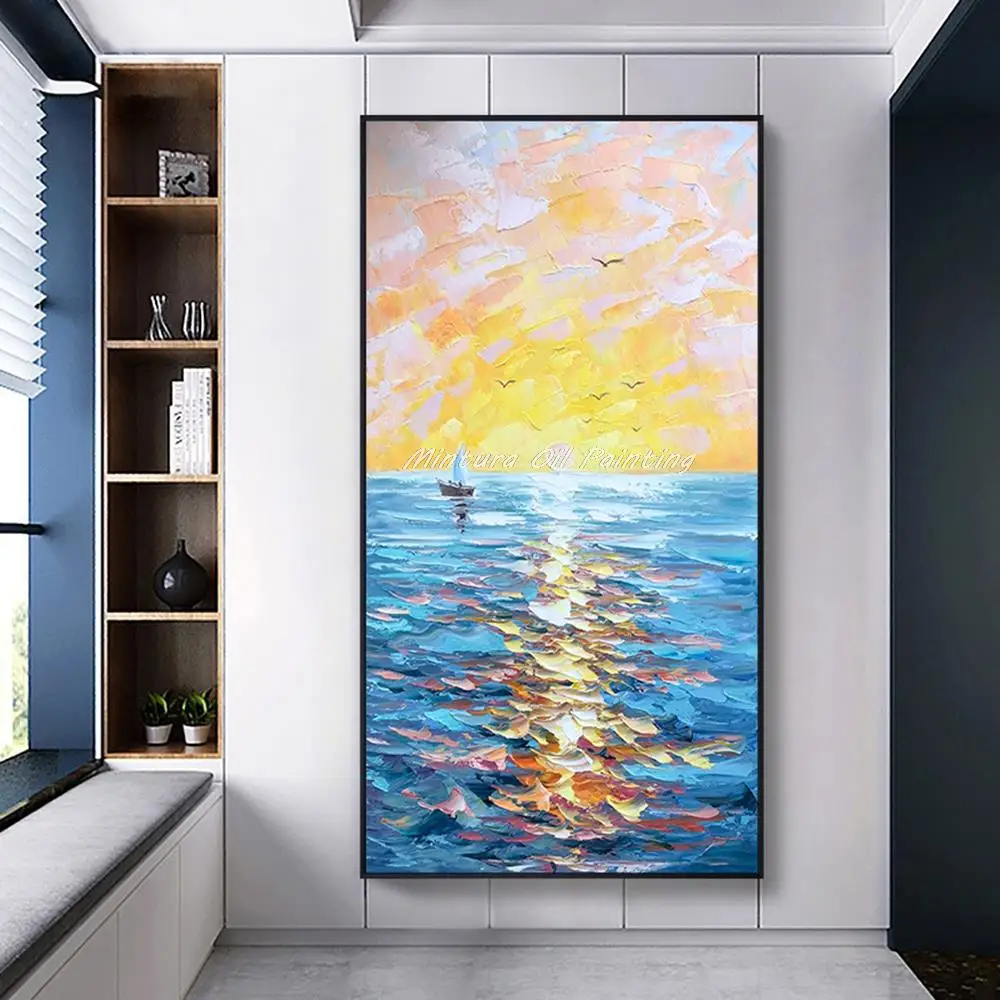 Mintura,Large Size Handmade Artwork Handpainted Oil Paintings on Canvas The Sea And Fishing Boat Modern Home Decoration Wall Art