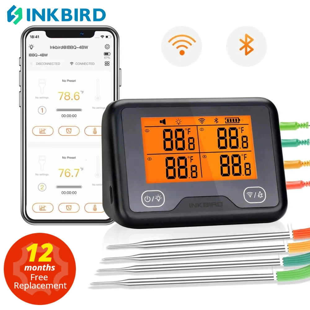 INKBIRD IBBQ-4BW Wi-Fi&Bluetooth Digital Grill Thermometer Rechargeable Wireless BBQ Thermometer with 4 Probes Temp Graph Alarm\