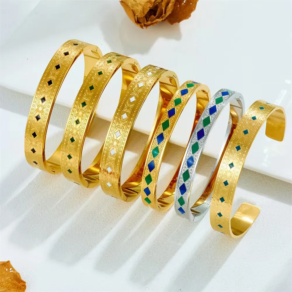 

3pcs Wholesale 316L Stainless Steel Colorful Diamond Shaped Inlays And Engraved Patterns Bangles Dropshipping Jewelry Waterproof