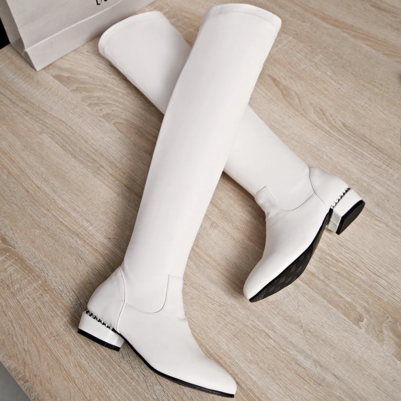 Slim Thigh High Women's Boot Low Heels Autumn Spring Knee High Boots Casual Tall Black White Ladies Winter Shoes Elegant image 3