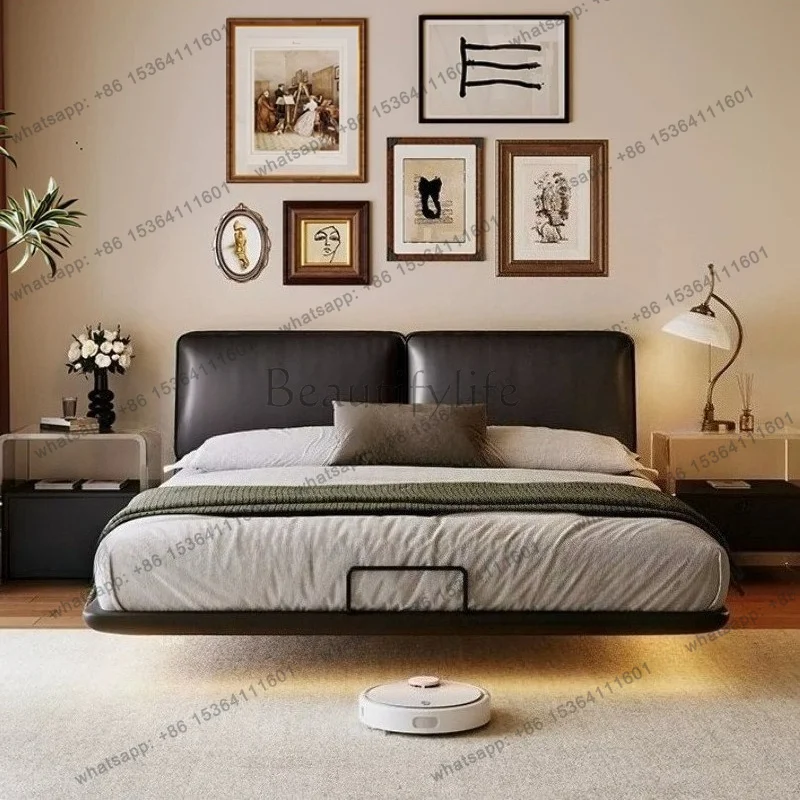 Modern luxury suspended black retro style leather soft bag bedroom beds and bed frames
