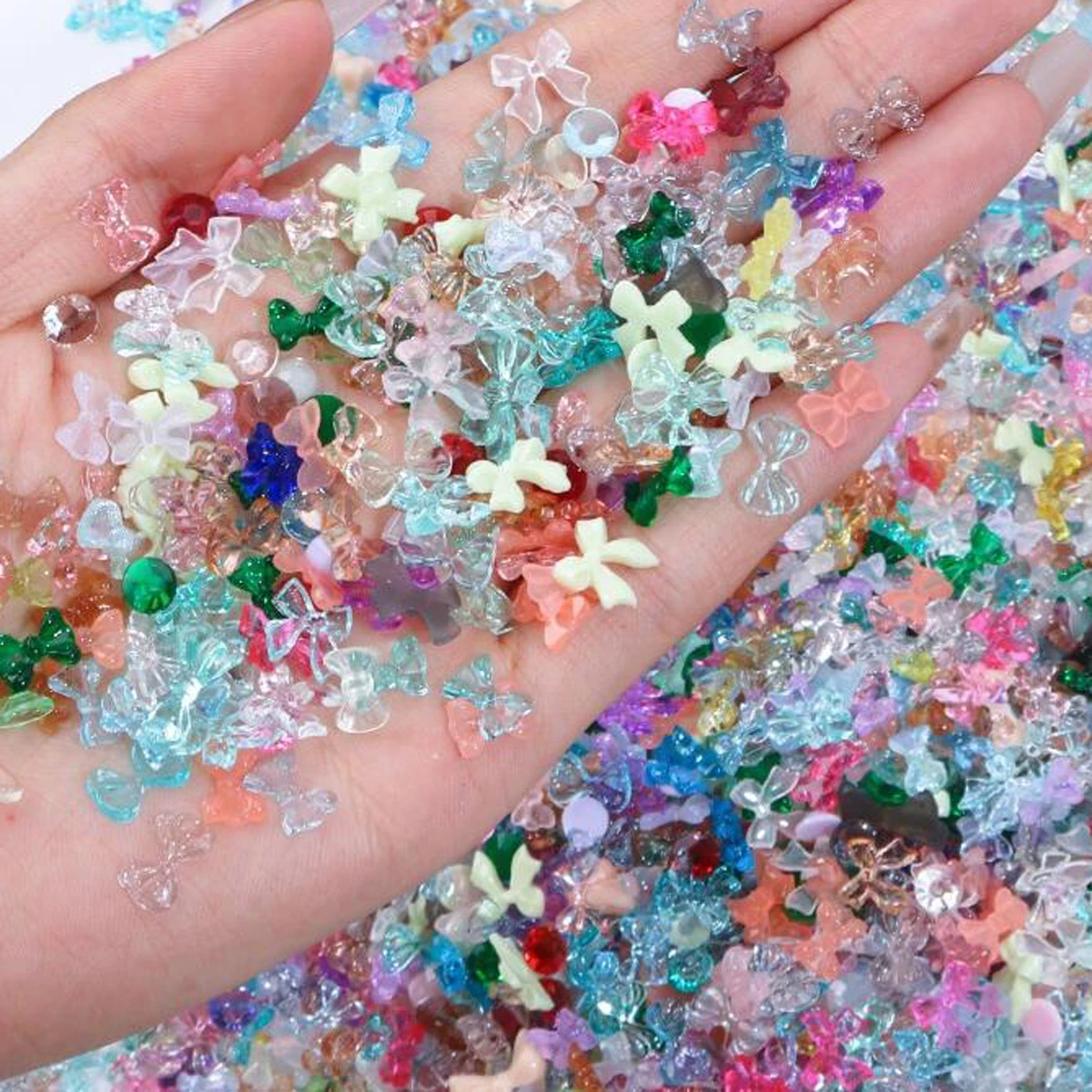 500-600pcs Mix Bow Shape Nail Art Charms 50g/bag Aurora Ribbon Resin Bowknot 3D Rhinestone DIY Korean Manicure Accessories