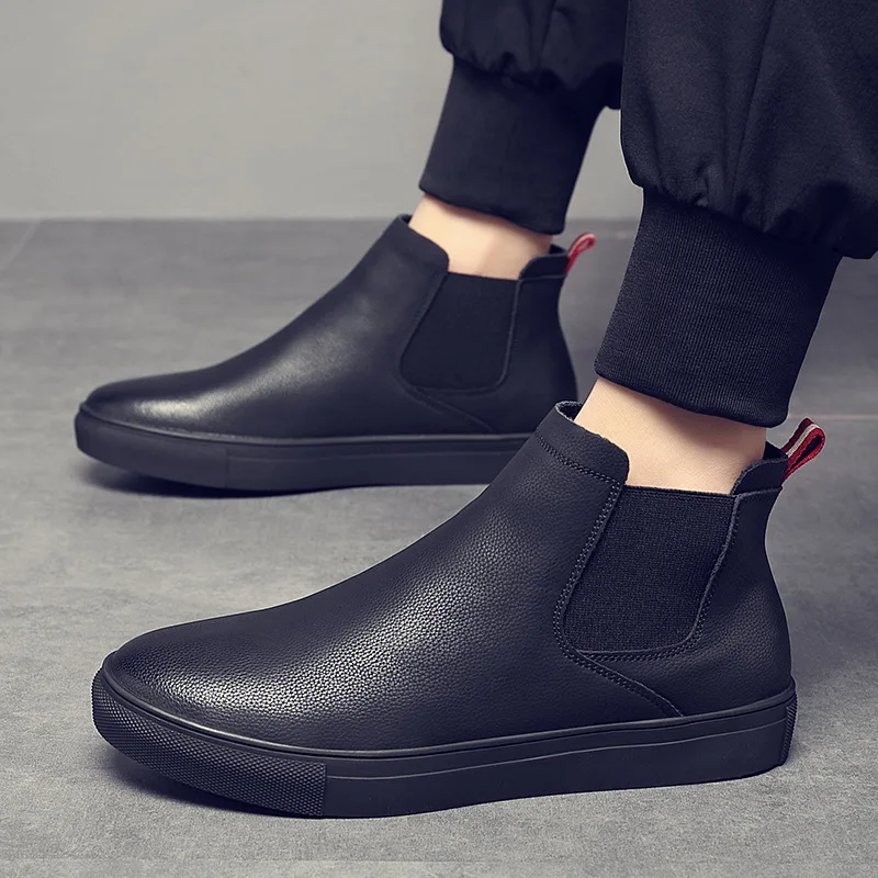 

New Men Cow Leather Casual Shoes High Tops Flat Leisure Shoes Winter Plush Ankle Boots