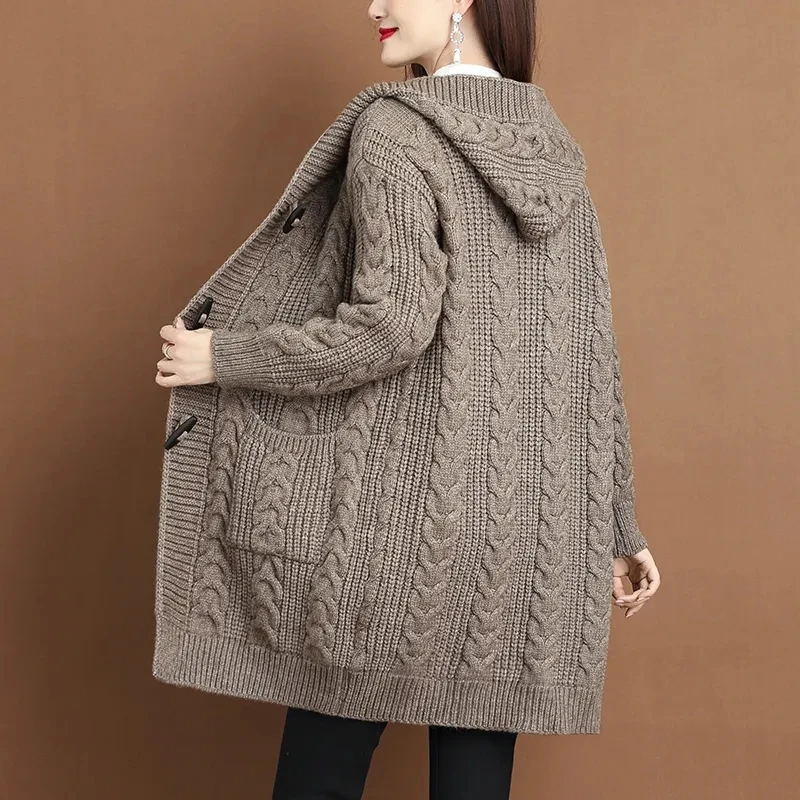 2024 Autumn Winter Large Size Hooded Knitted Coat Women Mid-Long Thicken Cardigan Sweater Female Big Pocket Twists Knit Jacket