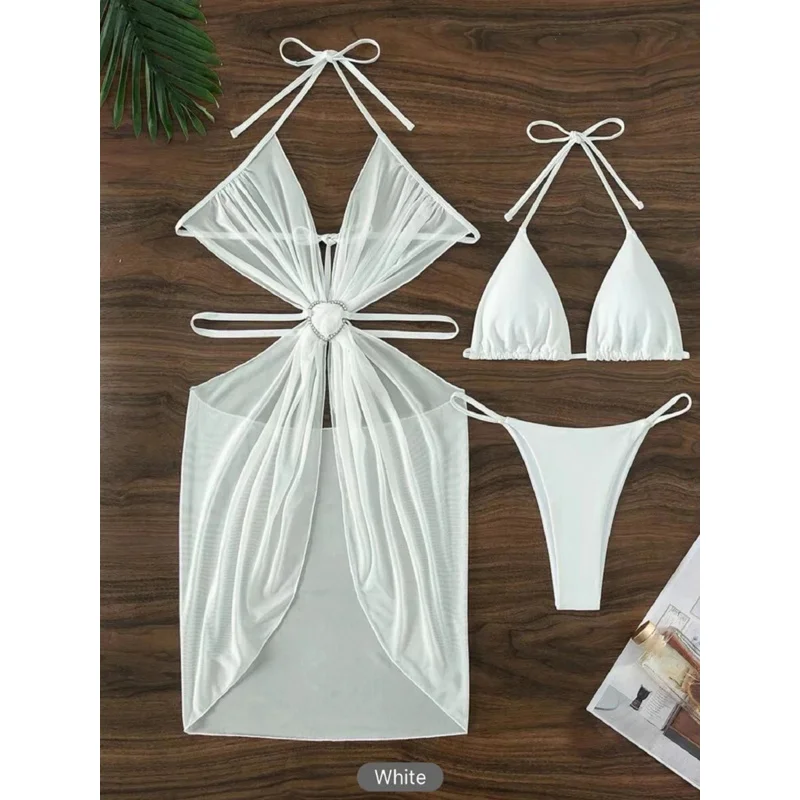 3 piece halter string bikini 2024 hollow out swimsuit women padded swimwear female bathers bathing swimming swim suit beachwear