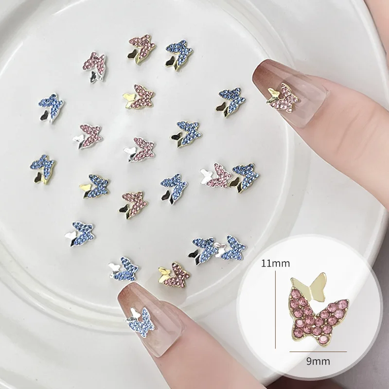 10Pcs Blue & Pink Butterfly Nail Charms Full Rhinestone Alloy Nail Art, Cross-Border Press-On Nail Decor for Glamorous Manicures