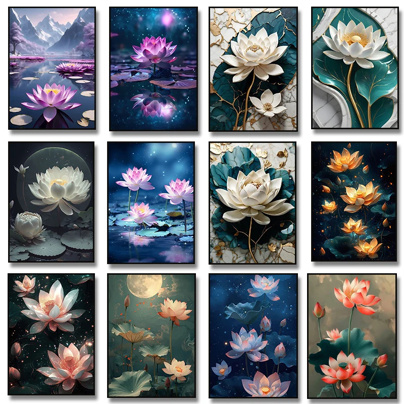 Affiche d'art sur toile style chinois traditionnel vintage, paysage de bassin de fleurs de lotus et carpes koï, impressions murales, tableau décoratif pour la maison