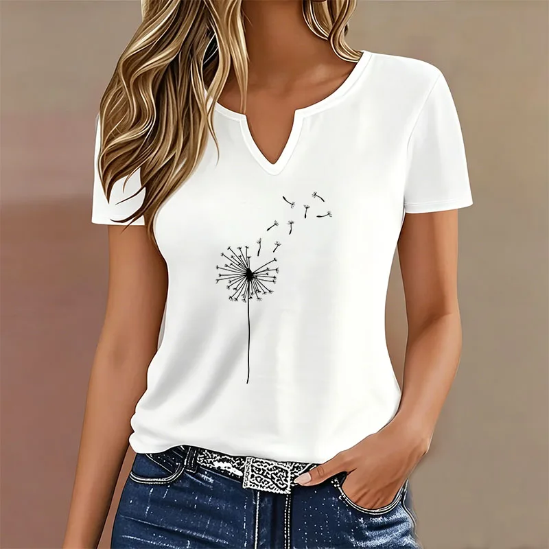 Fashion Graphic Cartoon Dandelion T-shirt V Neck Casual T Shirts Women Short Sleeve Tee Shirt V-Neck Summer Spring