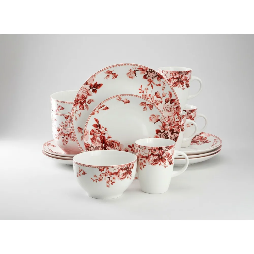 

Traditional Rose 16-Piece Stone Dinnerware Set for 4, Red - Elegant & Durable Tableware for Family Dining
