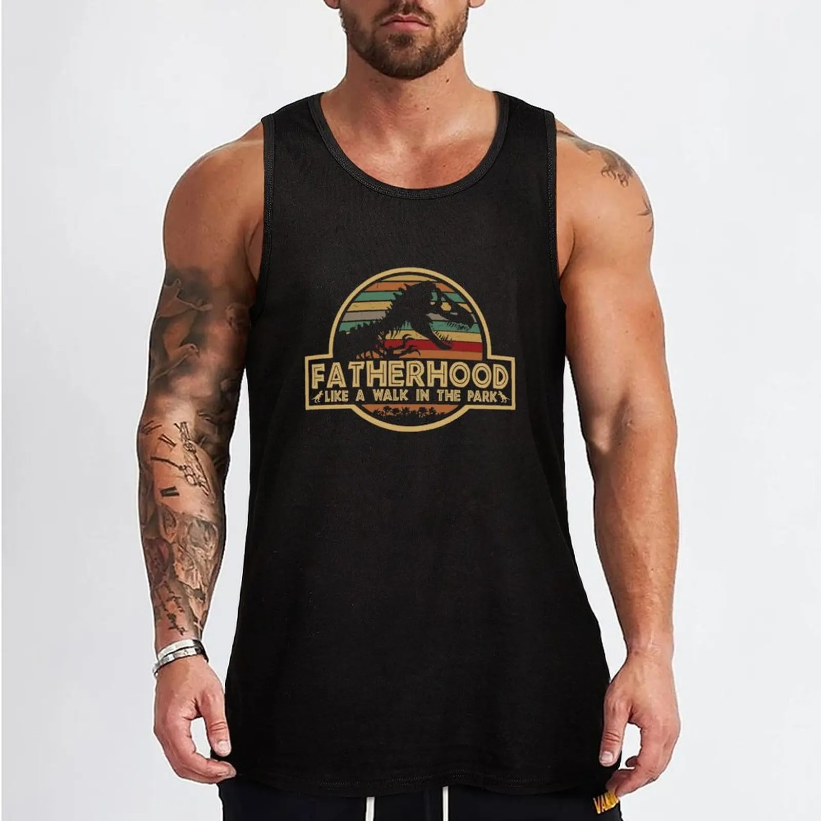 Fatherhood Like A Walk In The Park Retro Vintage T-Rex Dinosaur Father's Day Tank Top gym accessories men clothing men